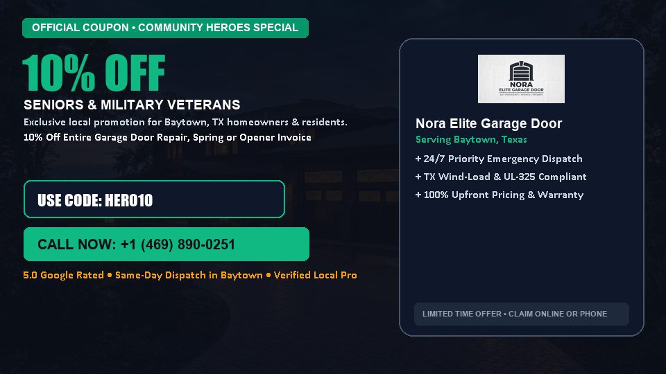 Nora Elite Garage Door 10% OFF Seniors & Military Veterans in Baytown, TX